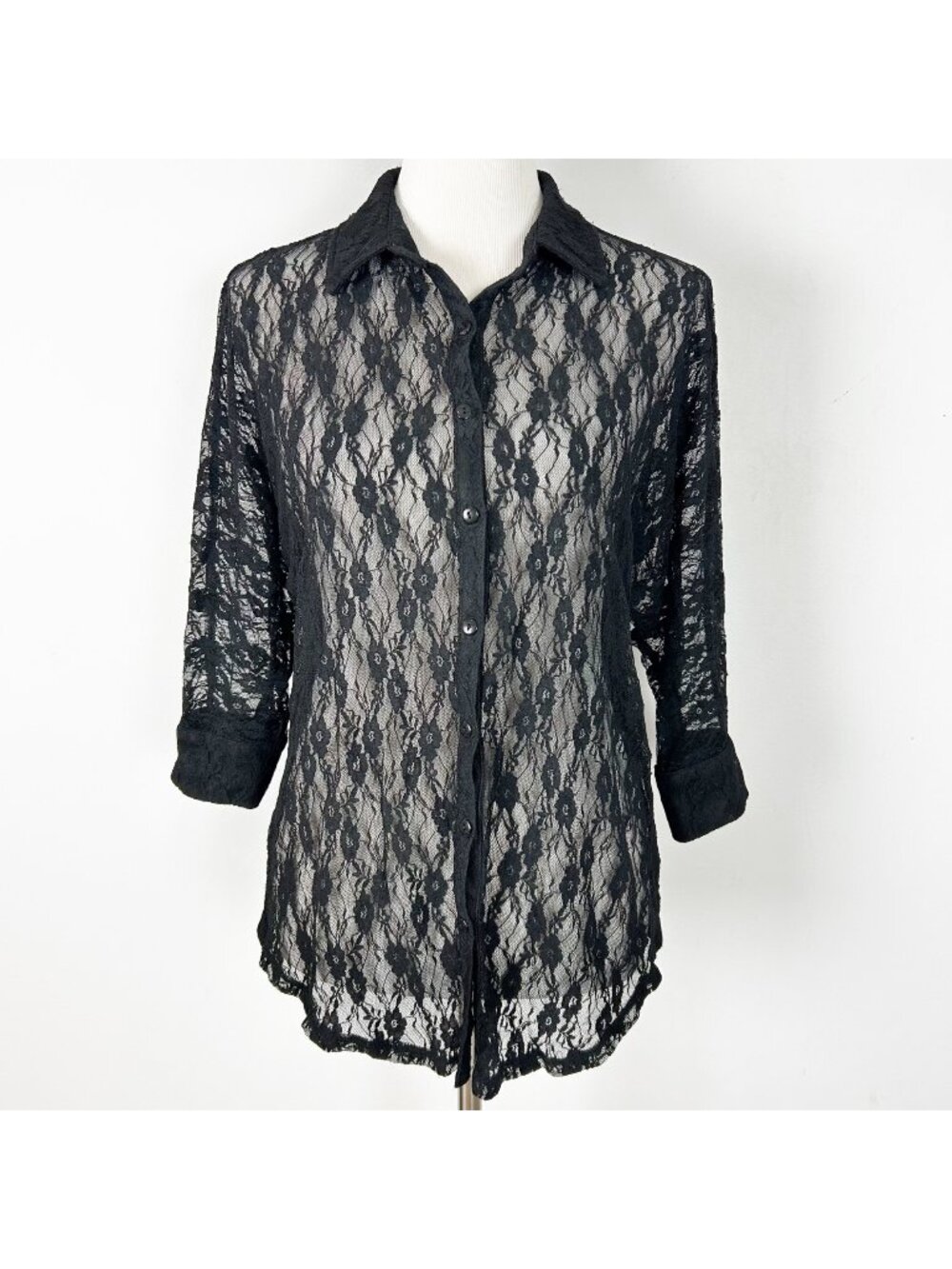 Y2K Whimsigoth Fairy Grunge Black Lace Button Down Shirt Size Medium Women's